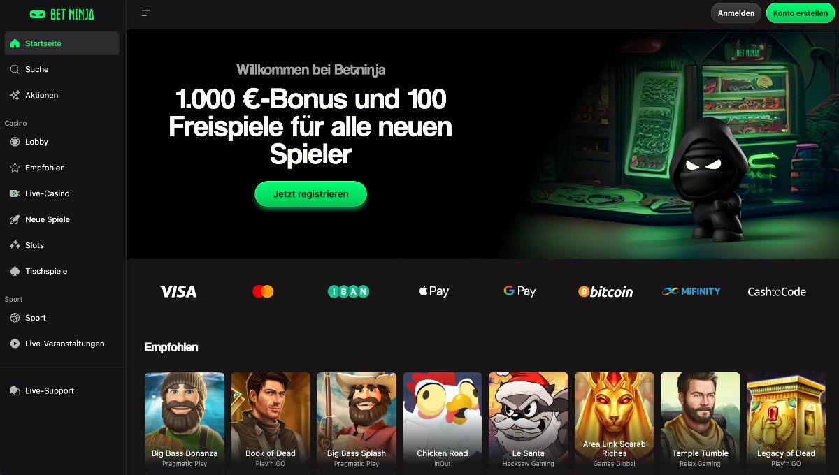 Willkommensbanner von Bet Ninja mit winterlicher Casino-Atmosphäre, dem Ninja-Maskottchen, einem Bonus von bis zu €1.000 und 100 Freispielen, inklusive Übersicht der Zahlungsmethoden und einem auffälligen „Jetzt beitreten“-Button.