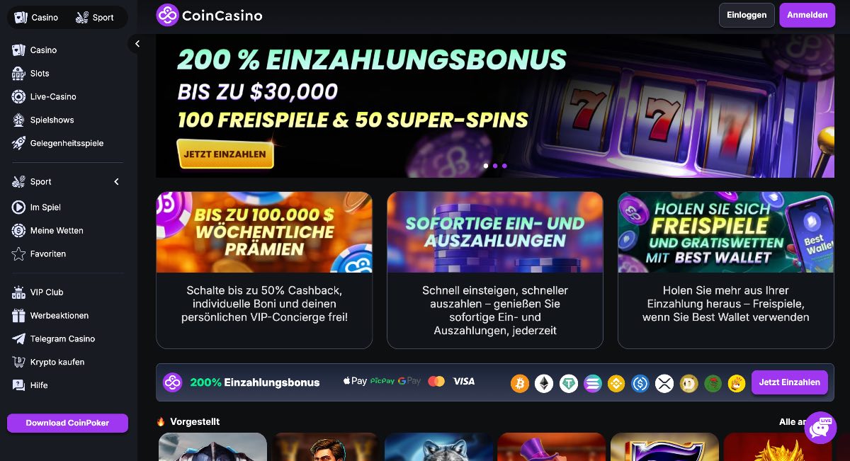 CoinCasino-Webseite mit einer breiten Auswahl an Online-Casinospielen. Die Seite präsentiert Kategorien wie Slots, Live-Casino, Spielshows und Gelegenheits-Spiele. Vorgestellte Spiele wie Duel at Dawn, Extra Chilli und Gates of Olympus sind prominent sichtbar, ergänzt durch Logos bekannter Anbieter wie Evolution und Pragmatic Play.