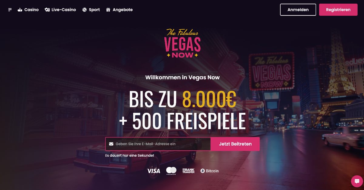 Screenshot einer Online-Casino-Startseite mit leuchtendem Neon-Las-Vegas-Hintergrund, großzügigem Willkommensbonus von bis zu 8.000 $ und 500 Freispielen. Perfekt für Sportwetten-Fans in Österreich, mit übersichtlichen Login- und Jetzt Registrieren-Buttons.