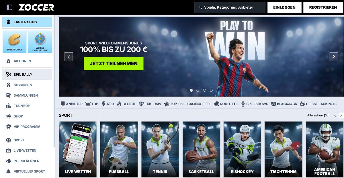 Startseite von Zoccer auf Deutsch, mit großem Willkommensbonus, prominenten Sportlern im Banner, einem übersichtlichen Navigationsmenü für Casino- und Sportbereiche sowie auffälligen Werbeelementen für die besten Online-Casinos.